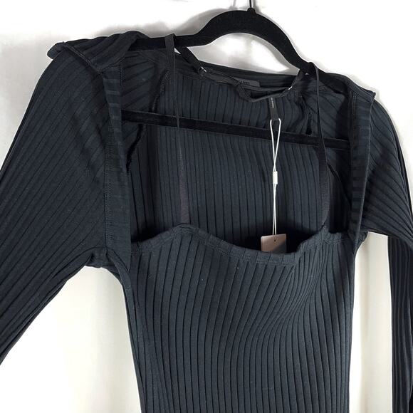 Helmut Lang Lux Pima‎ Long Sleeve Dress Black Ribbed Mini Collared Sz L - Picture 7 of 12